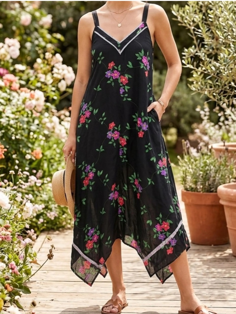 Kensie Black Floral Handkerchief-Hem Dress
